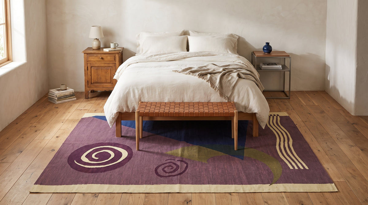 Captivating Nadia Purple Flatweave Wool Rug in a bedroom