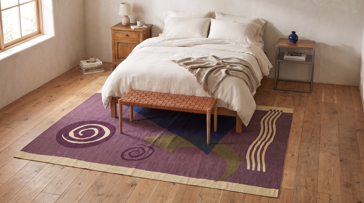 Captivating Nadia Purple Flatweave Wool Rug in a bedroom