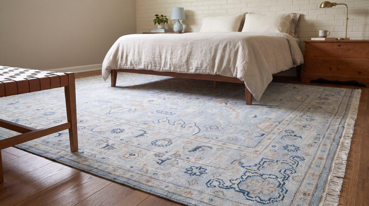 Captivating Timeless Light Blue Hand Knotted Wool Rug in a bedroom