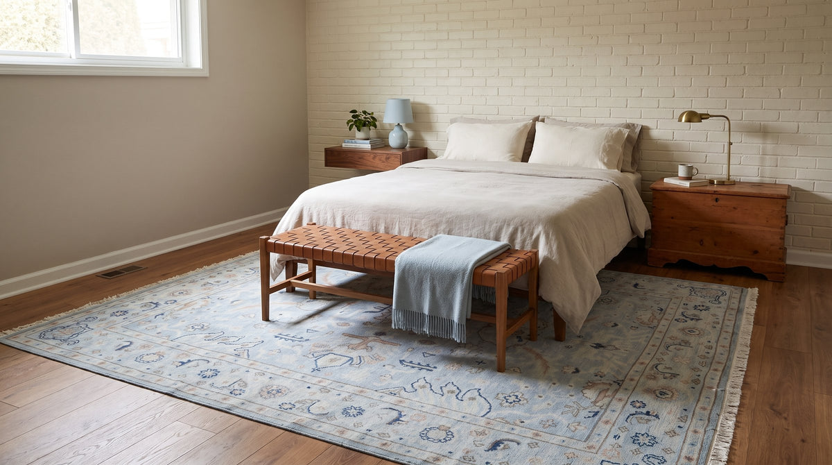 Captivating Timeless Light Blue Hand Knotted Wool Rug in a bedroom