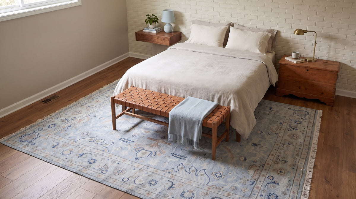 Captivating Timeless Light Blue Hand Knotted Wool Rug in a bedroom