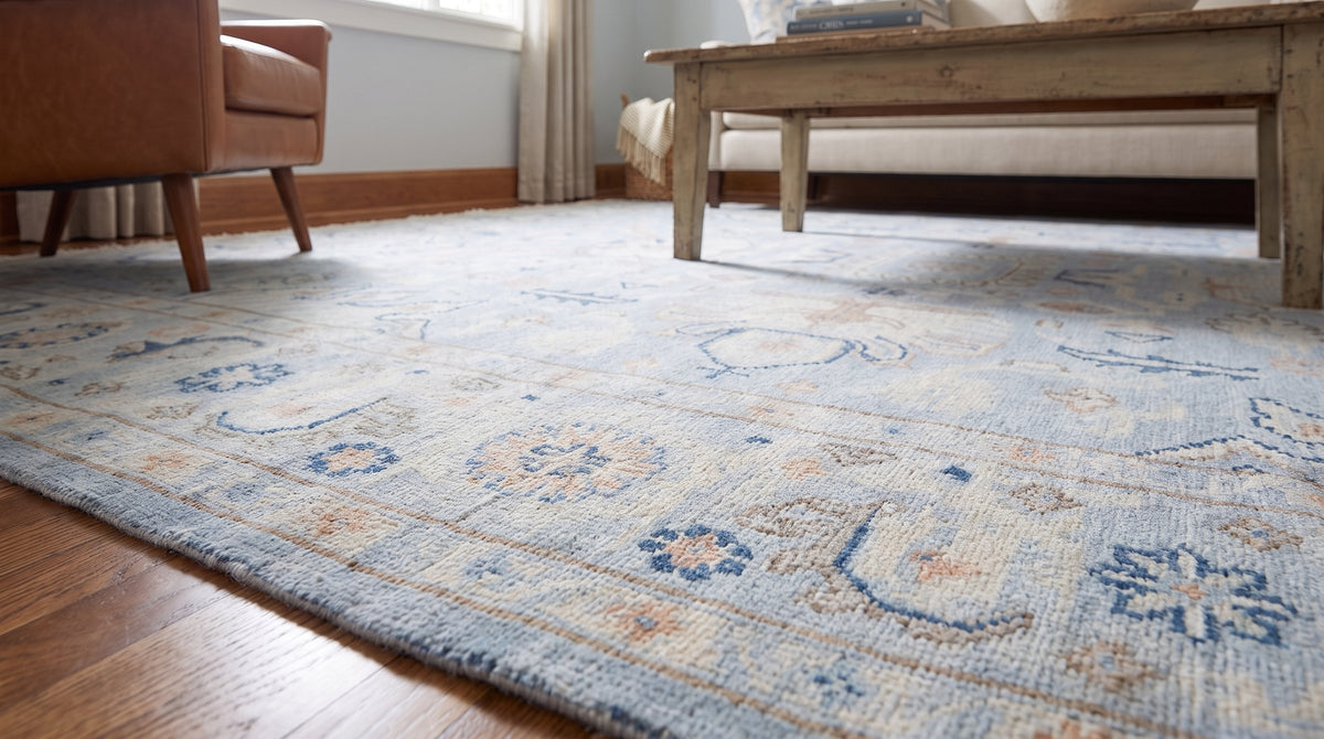 Captivating Timeless Light Blue Hand Knotted Wool Rug in a living room