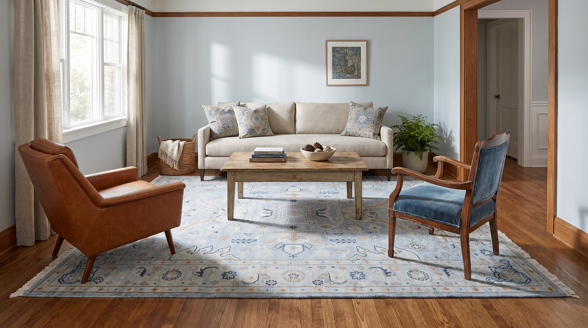 Captivating Timeless Light Blue Hand Knotted Wool Rug in a living room