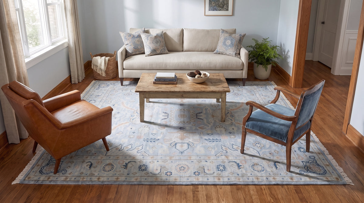 Captivating Timeless Light Blue Hand Knotted Wool Rug in a living room
