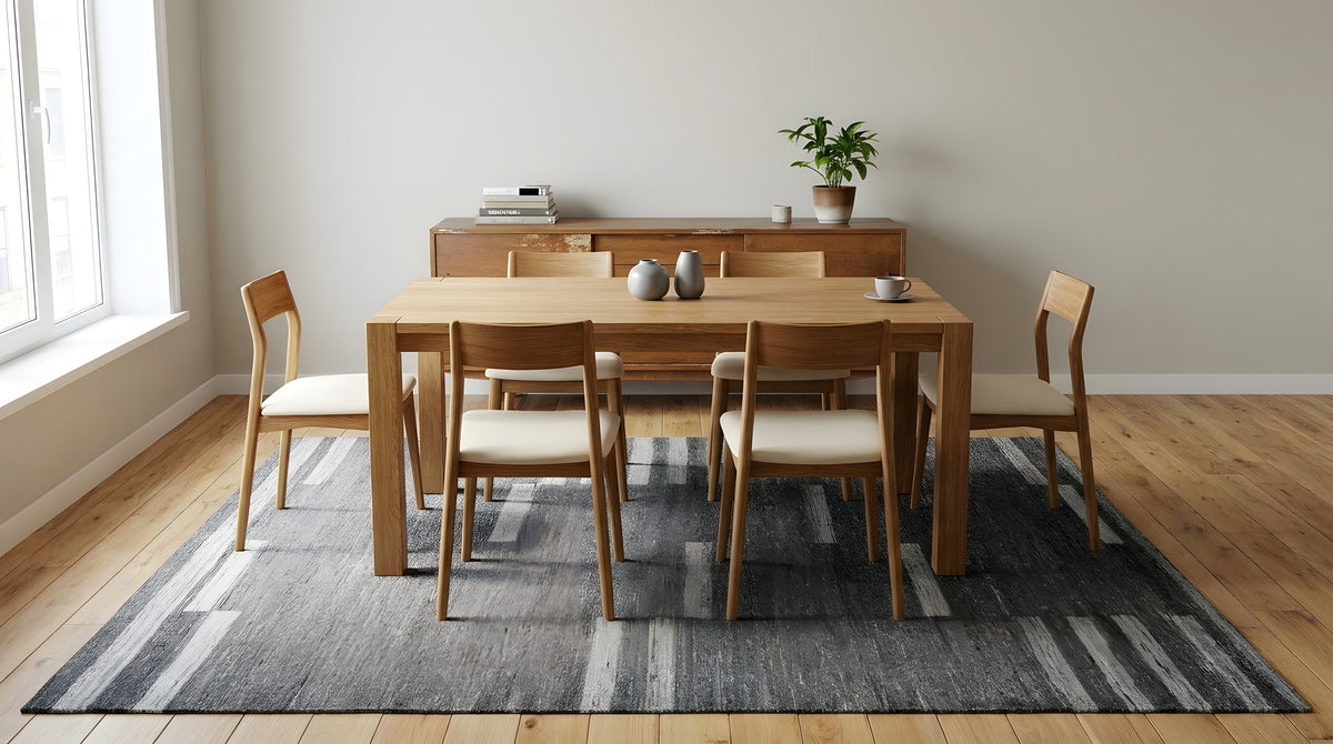 Cassandra Clara Gray and Ivory Flatweave Wool Rug in a dining room