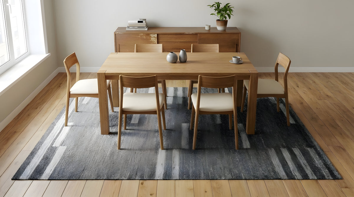 Cassandra Clara Gray and Ivory Flatweave Wool Rug in a dining room