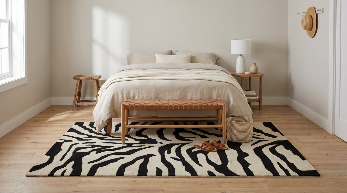 Cassandra Elegant Black Hand Tufted Wool Rug in a bedroom