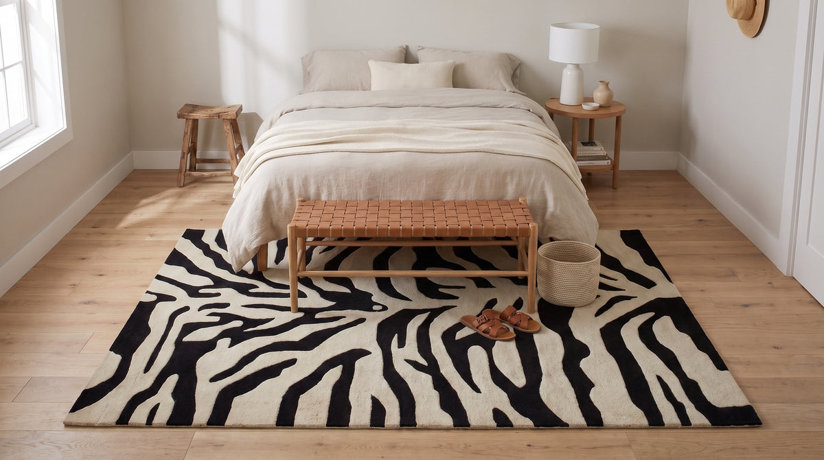 Cassandra Elegant Black Hand Tufted Wool Rug in a bedroom