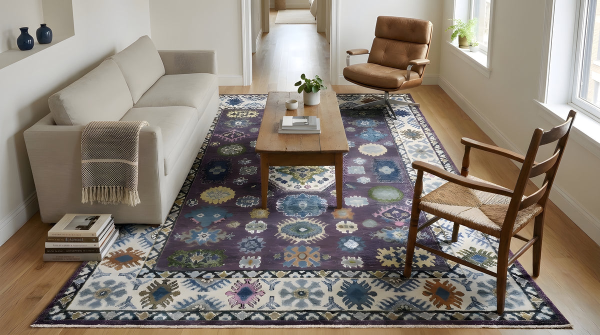 Cassandra Kazak Purple Hand Knotted Wool Rug in a living room