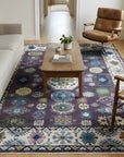 Cassandra Kazak Purple Hand Knotted Wool Rug in a living room