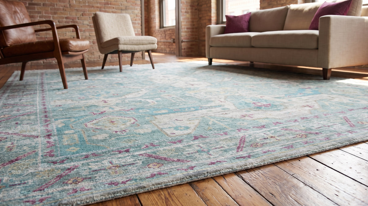 Celia Modern Green Hand Knotted Silk Rug in a living room