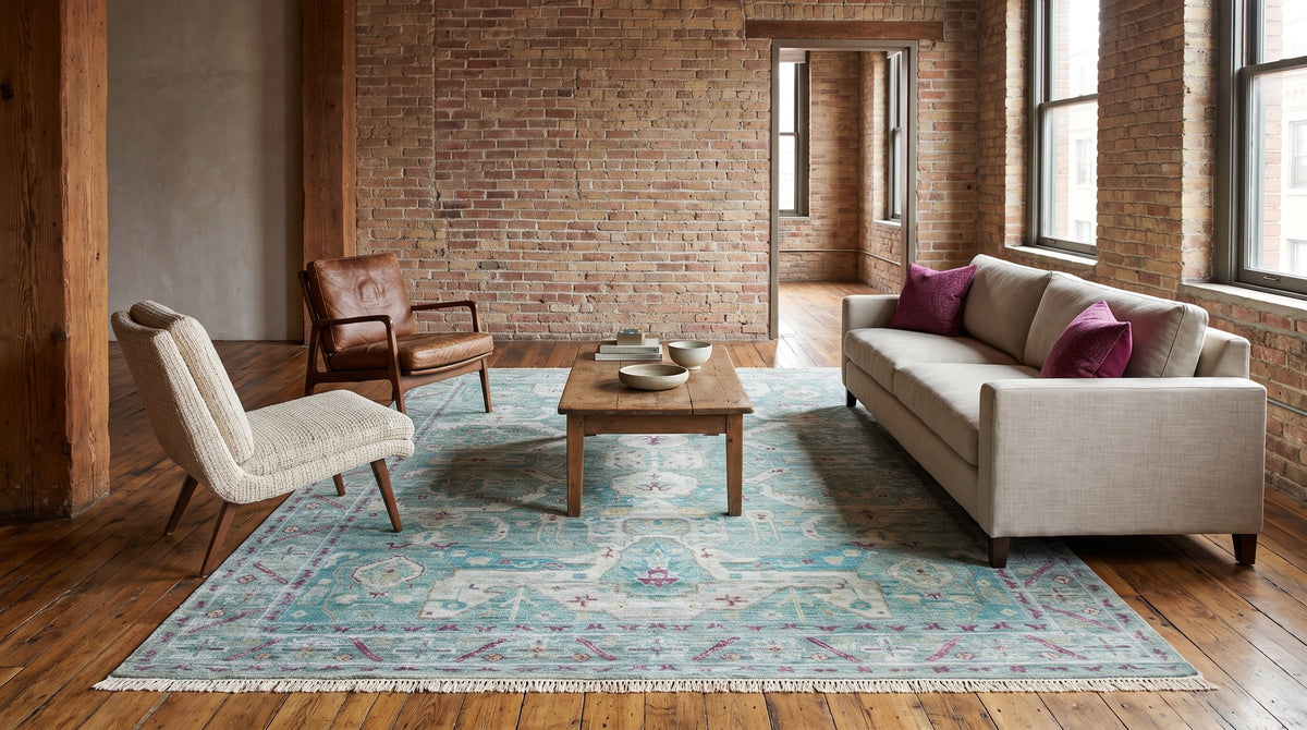 Celia Modern Green Hand Knotted Silk Rug in a living room