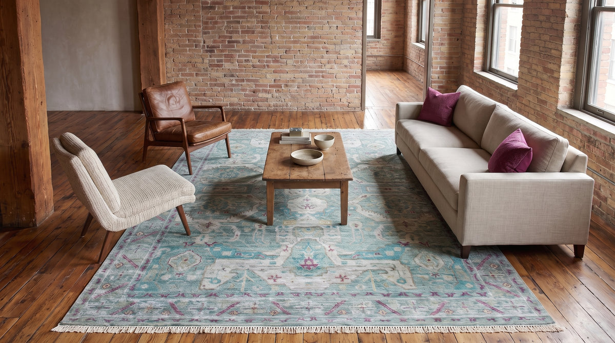 Celia Modern Green Hand Knotted Silk Rug in a living room