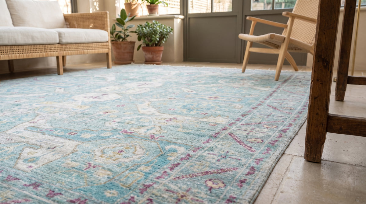 Celia Modern Green Hand Knotted Silk Rug in a sunroom