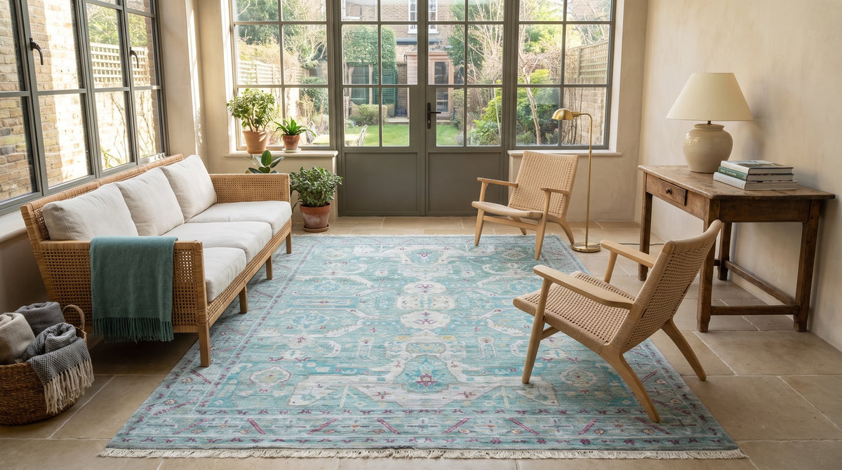 Celia Modern Green Hand Knotted Silk Rug in a sunroom