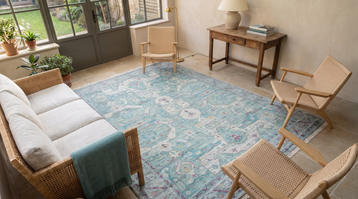 Celia Modern Green Hand Knotted Silk Rug in a sunroom