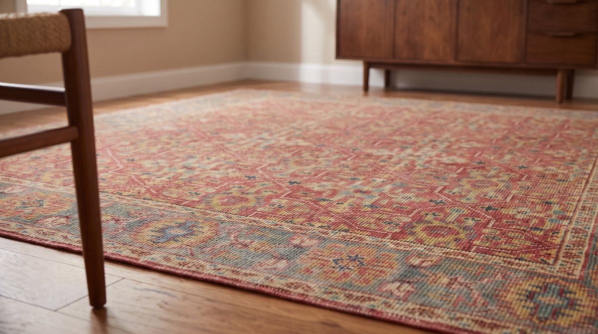 Celia Oushak Rust Hand Knotted Wool Rug in a dining room