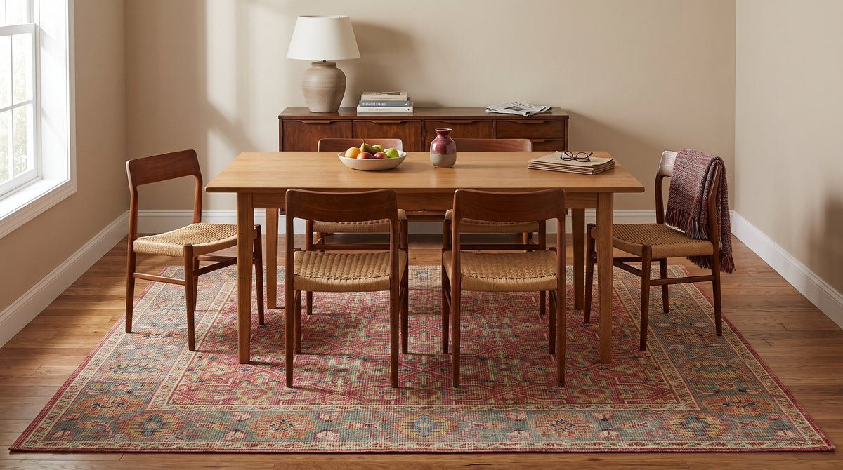 Celia Oushak Rust Hand Knotted Wool Rug in a dining room