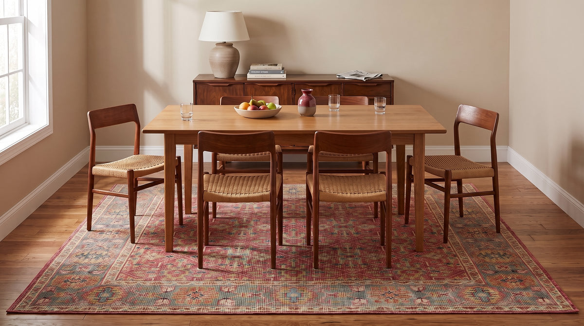 Celia Oushak Rust Hand Knotted Wool Rug in a dining room