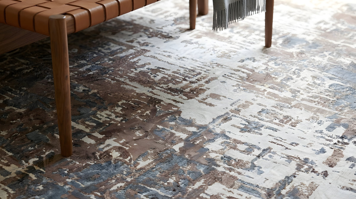 Charming Modern Ivory and Copper Hand Knotted Wool Rug in a bedroom