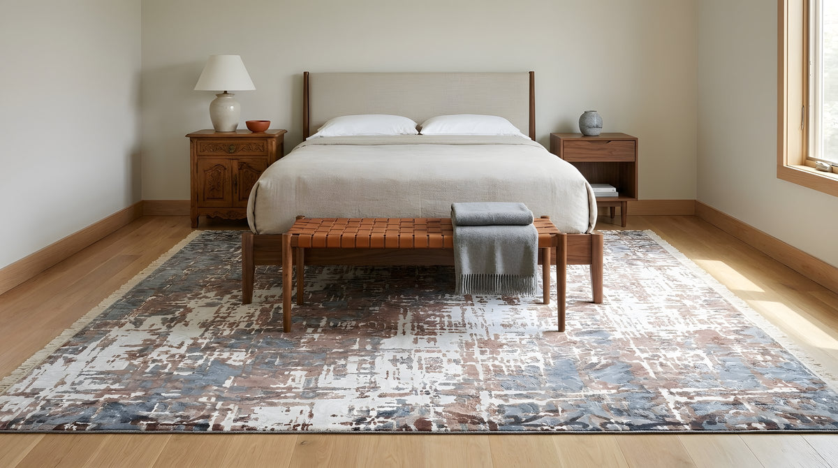 Charming Modern Ivory and Copper Hand Knotted Wool Rug in a bedroom