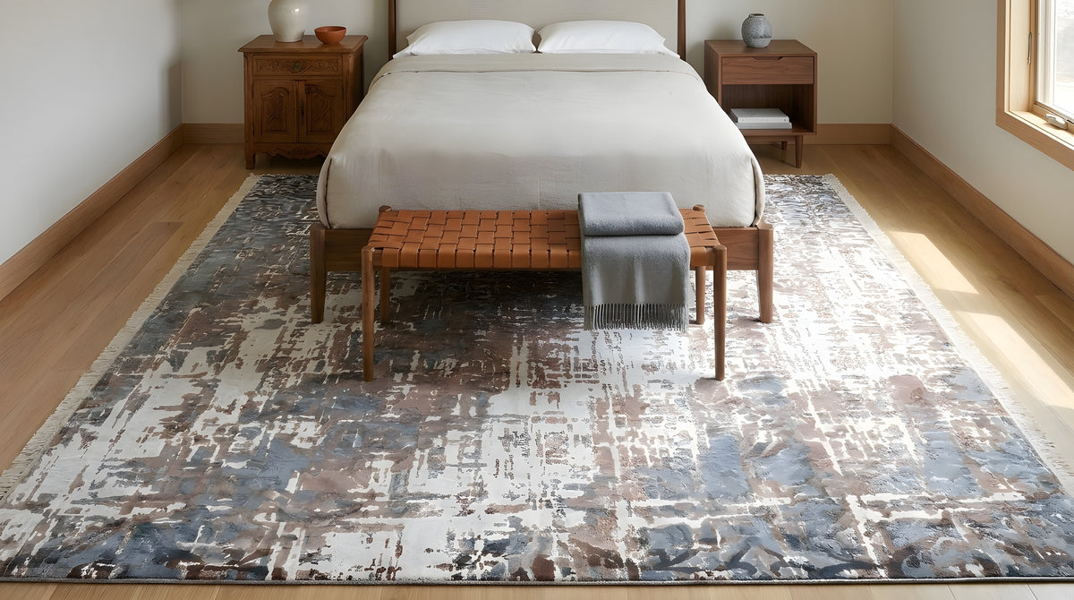 Charming Modern Ivory and Copper Hand Knotted Wool Rug in a bedroom