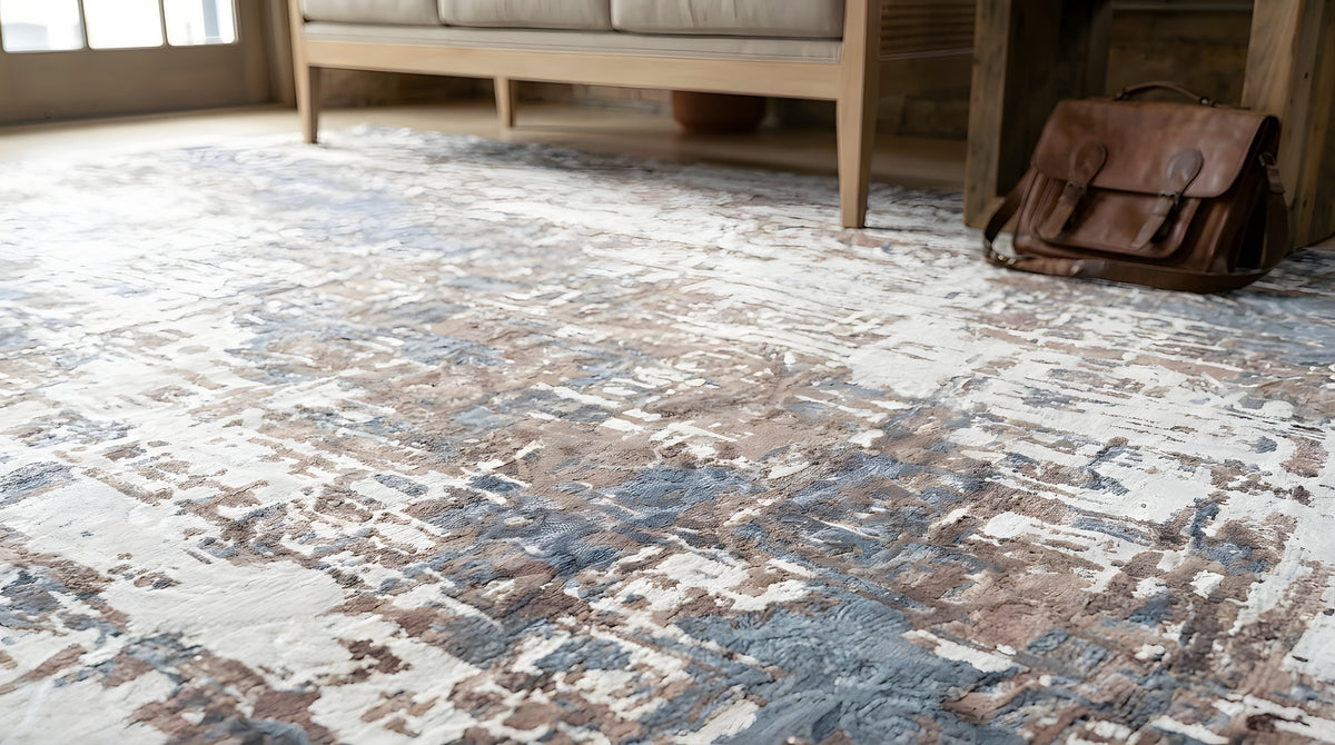 Charming Modern Ivory and Copper Hand Knotted Wool Rug in a sunroom