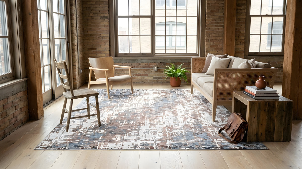 Charming Modern Ivory and Copper Hand Knotted Wool Rug in a sunroom