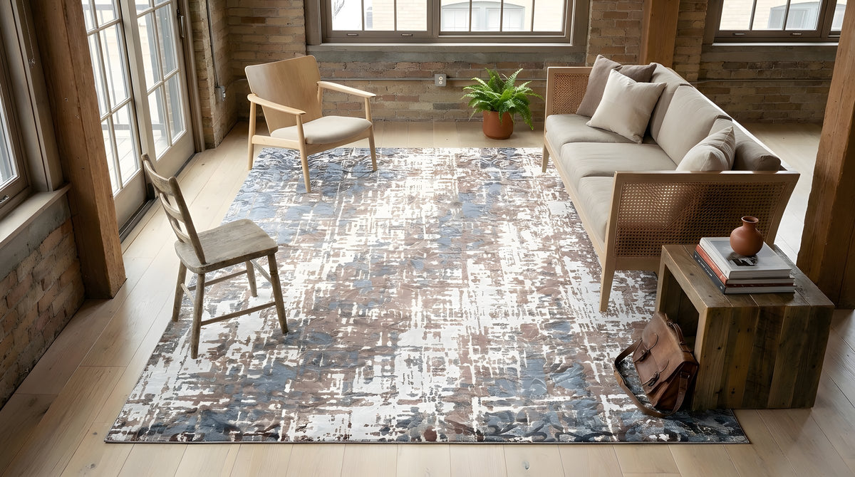 Charming Modern Ivory and Copper Hand Knotted Wool Rug in a sunroom