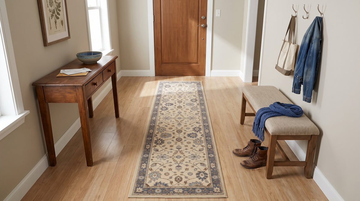 Charming Oushak Ivory and Blue Hand Knotted Wool Rug in a entryway