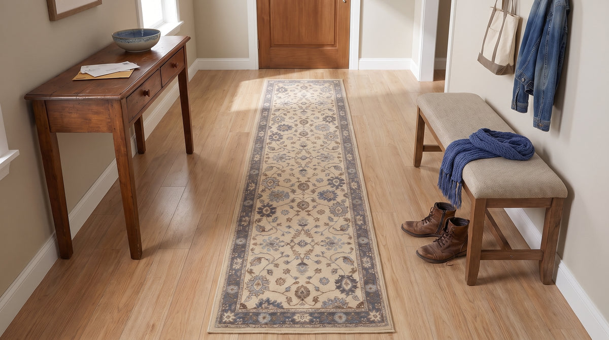 Charming Oushak Ivory and Blue Hand Knotted Wool Rug in a entryway