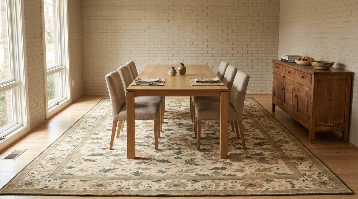 Charming Vibrant Beige Hand Knotted Wool Rug in a dining room