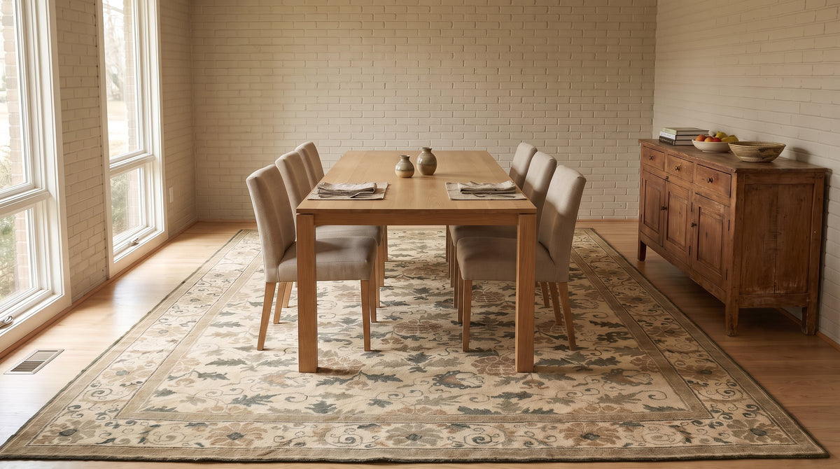 Charming Vibrant Beige Hand Knotted Wool Rug in a dining room