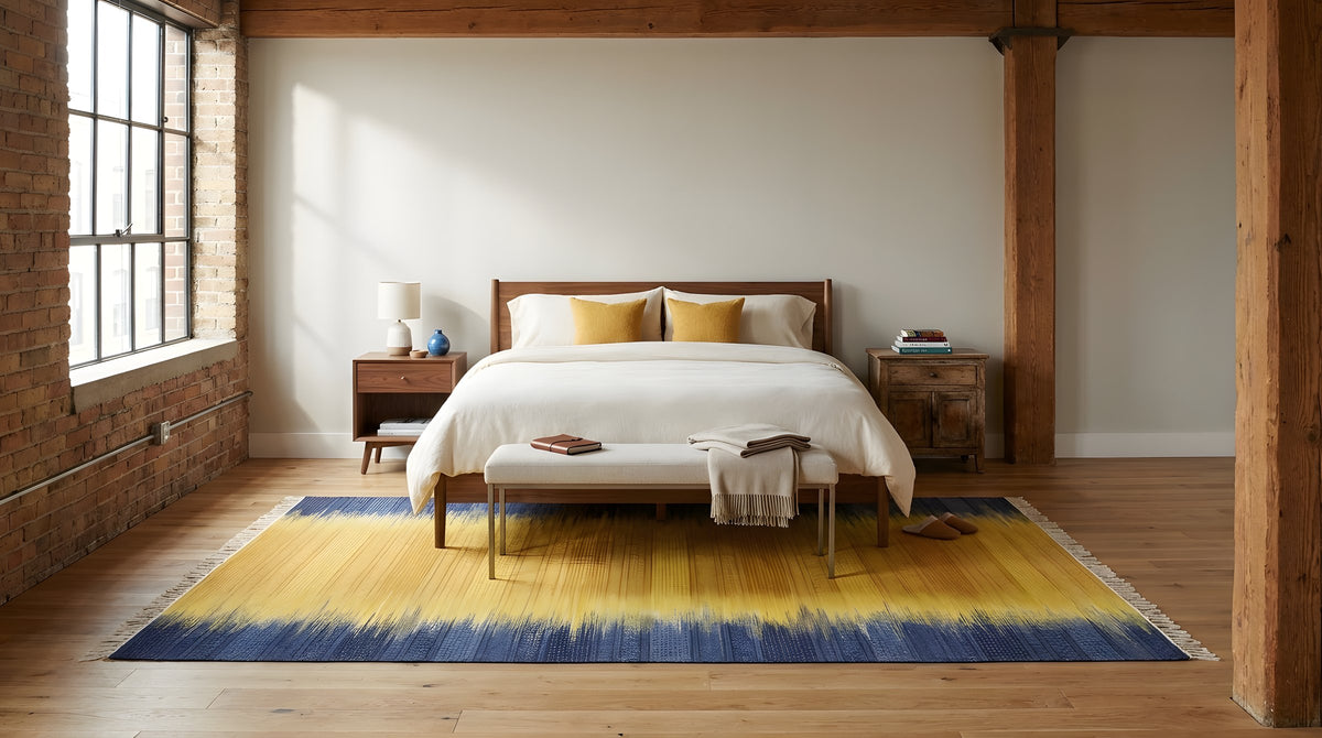 Chic Dazzling Yellow Flatweave Wool Rug in a bedroom