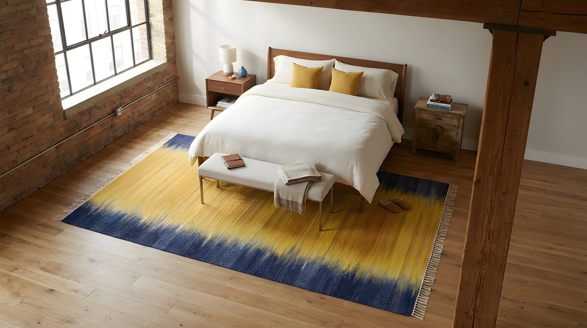 Chic Dazzling Yellow Flatweave Wool Rug in a bedroom