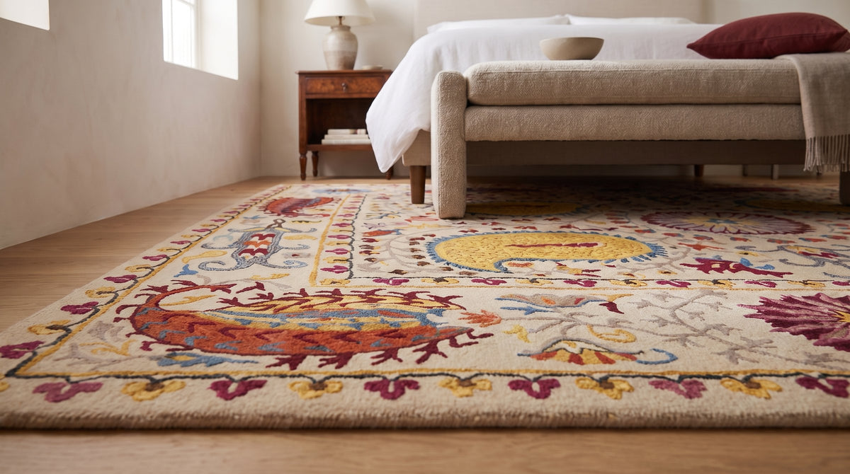 Chic Delicate Ivory Hand Tufted Wool Rug in a bedroom