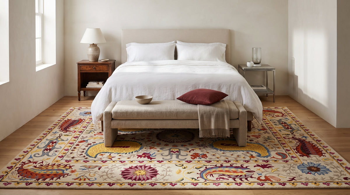 Chic Delicate Ivory Hand Tufted Wool Rug in a bedroom