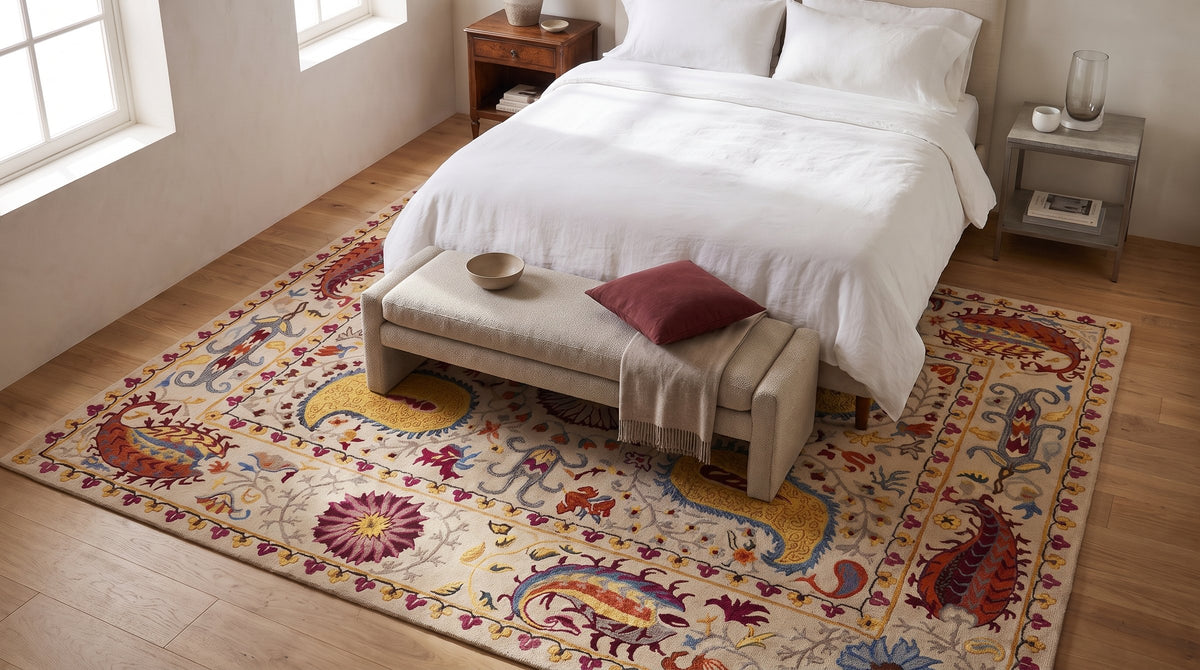 Chic Delicate Ivory Hand Tufted Wool Rug in a bedroom
