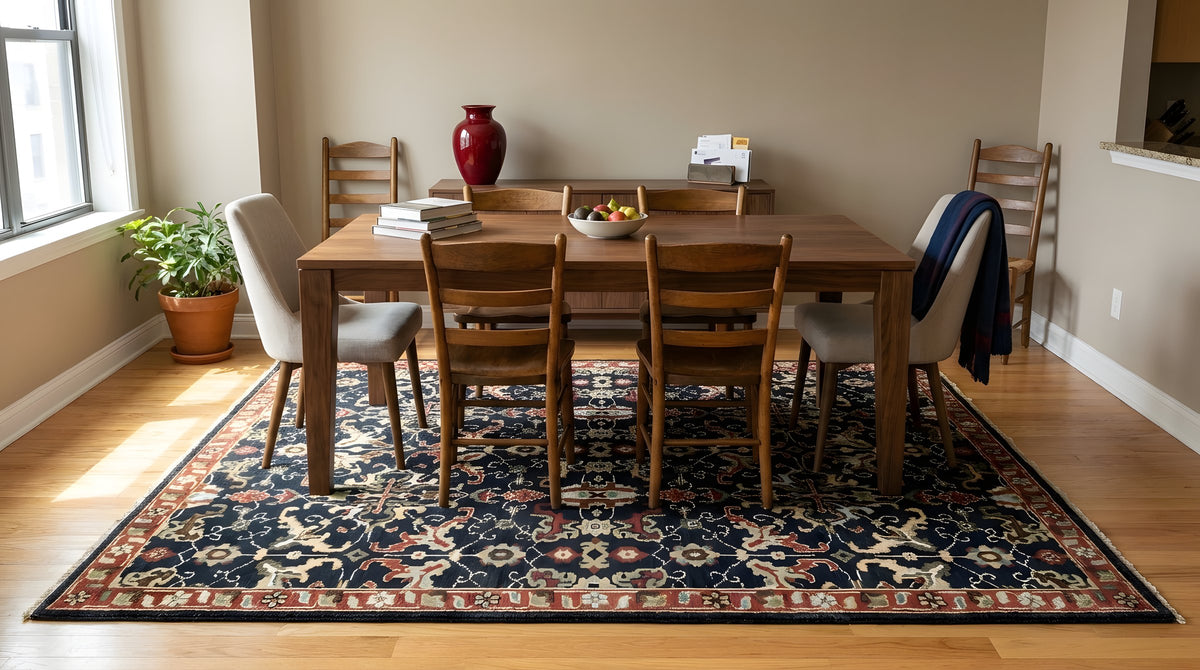Chloe Oriental Navy Hand Knotted Wool Rug in a dining room