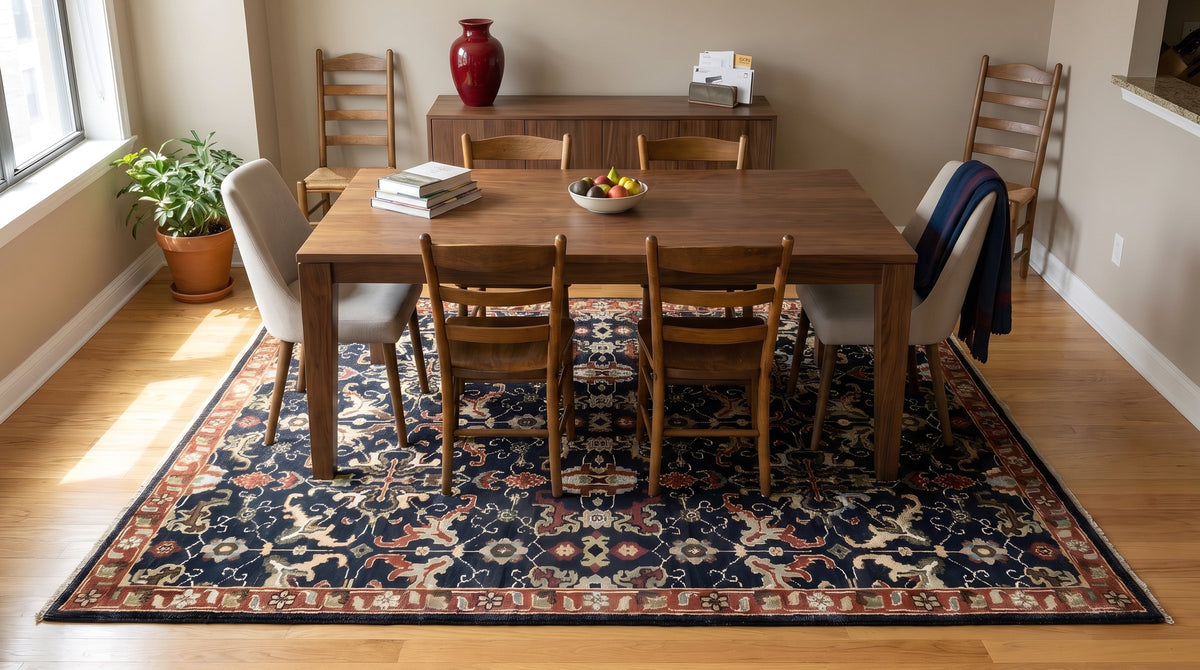 Chloe Oriental Navy Hand Knotted Wool Rug in a dining room