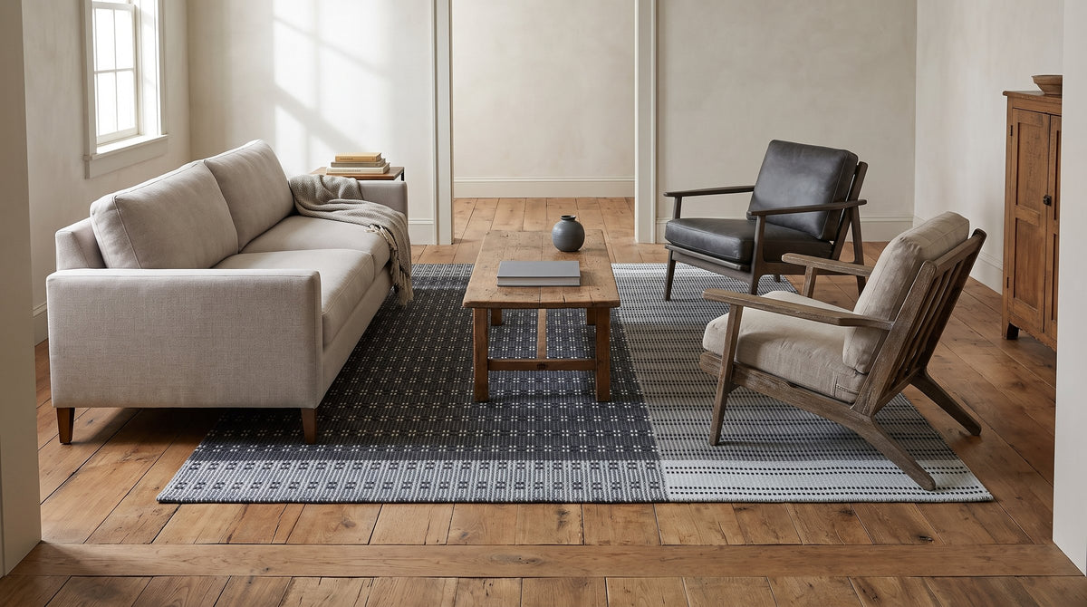 Clara Xena Charcoal Flatweave Wool & Cotton Rug in a living room
