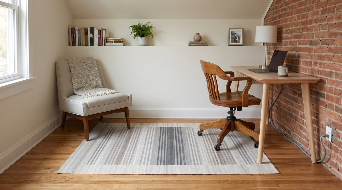 Classic Artistic Gray Flatweave Wool & Viscose Rug in a home office