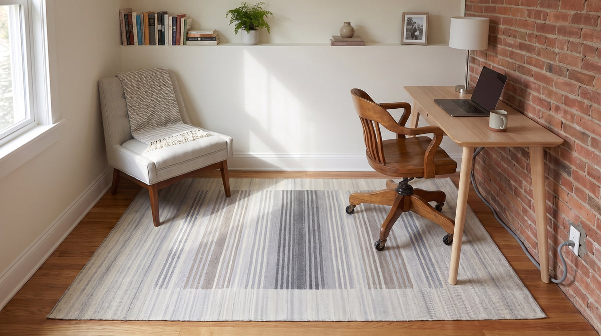 Classic Artistic Gray Flatweave Wool & Viscose Rug in a home office