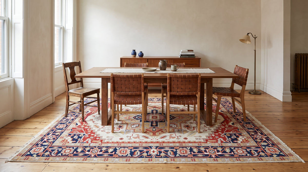 Classic Elegant Ivory Hand-Knotted Wool Rug in a dining room