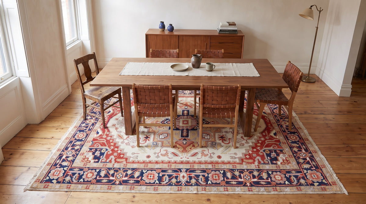 Classic Elegant Ivory Hand-Knotted Wool Rug in a dining room