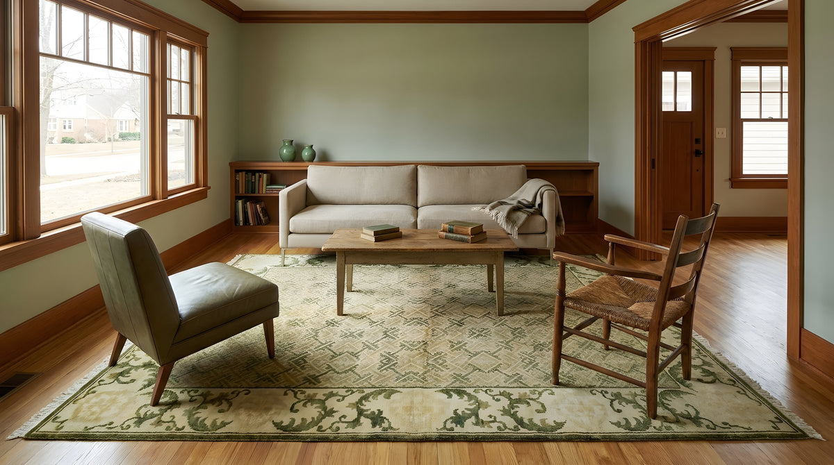 Classic Elena Green Hand Knotted Wool Rug in a living room