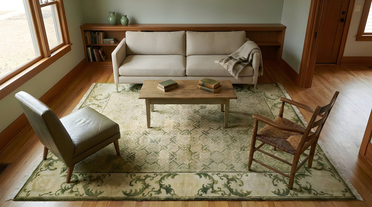 Classic Elena Green Hand Knotted Wool Rug in a living room