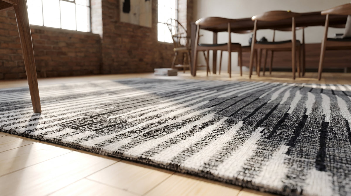 Classic Mira Gray Hand Knotted Wool Rug in a dining room