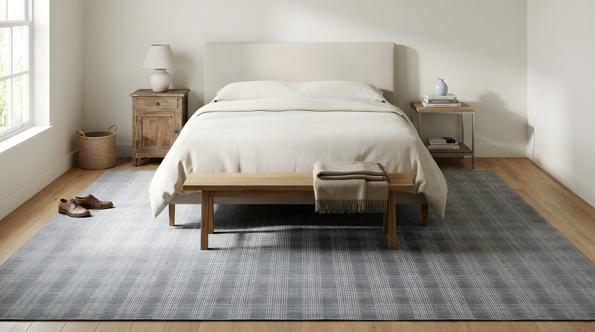 Classic Radiant Gray Flatweave Wool Rug in a bedroom