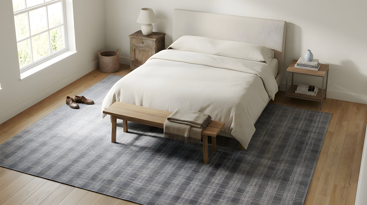 Classic Radiant Gray Flatweave Wool Rug in a bedroom